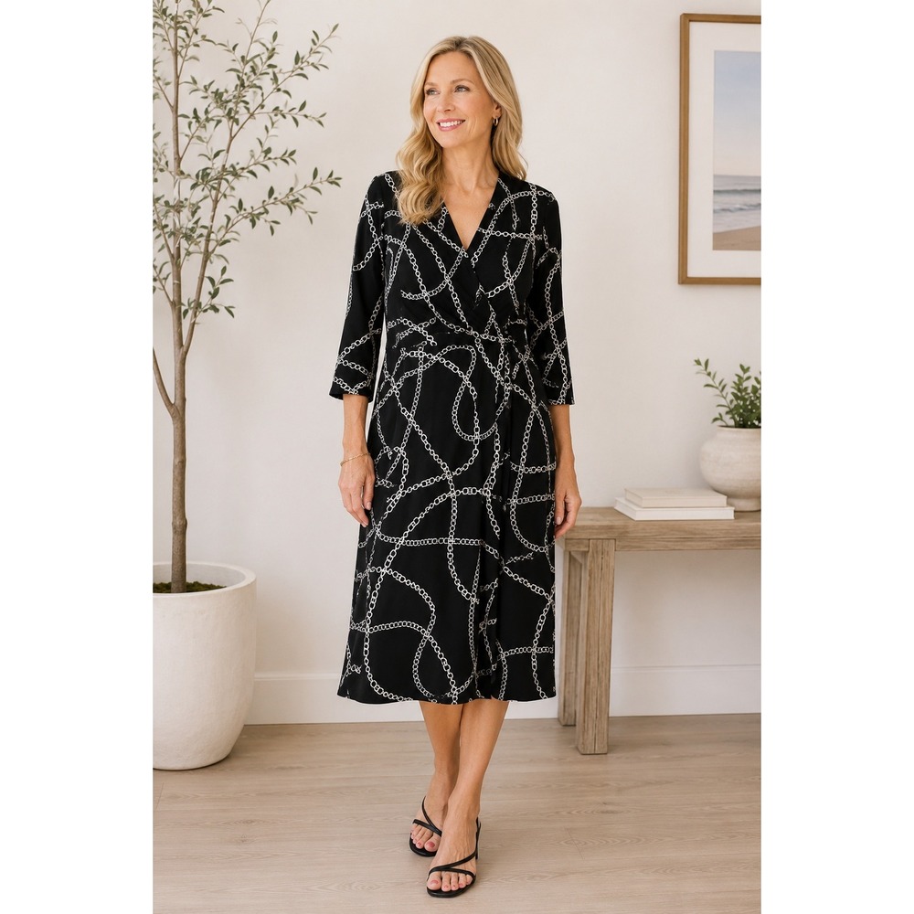 Ann Taylor Factory Chain Print Wrap Dress Womens M Quiet Luxury Office Chic